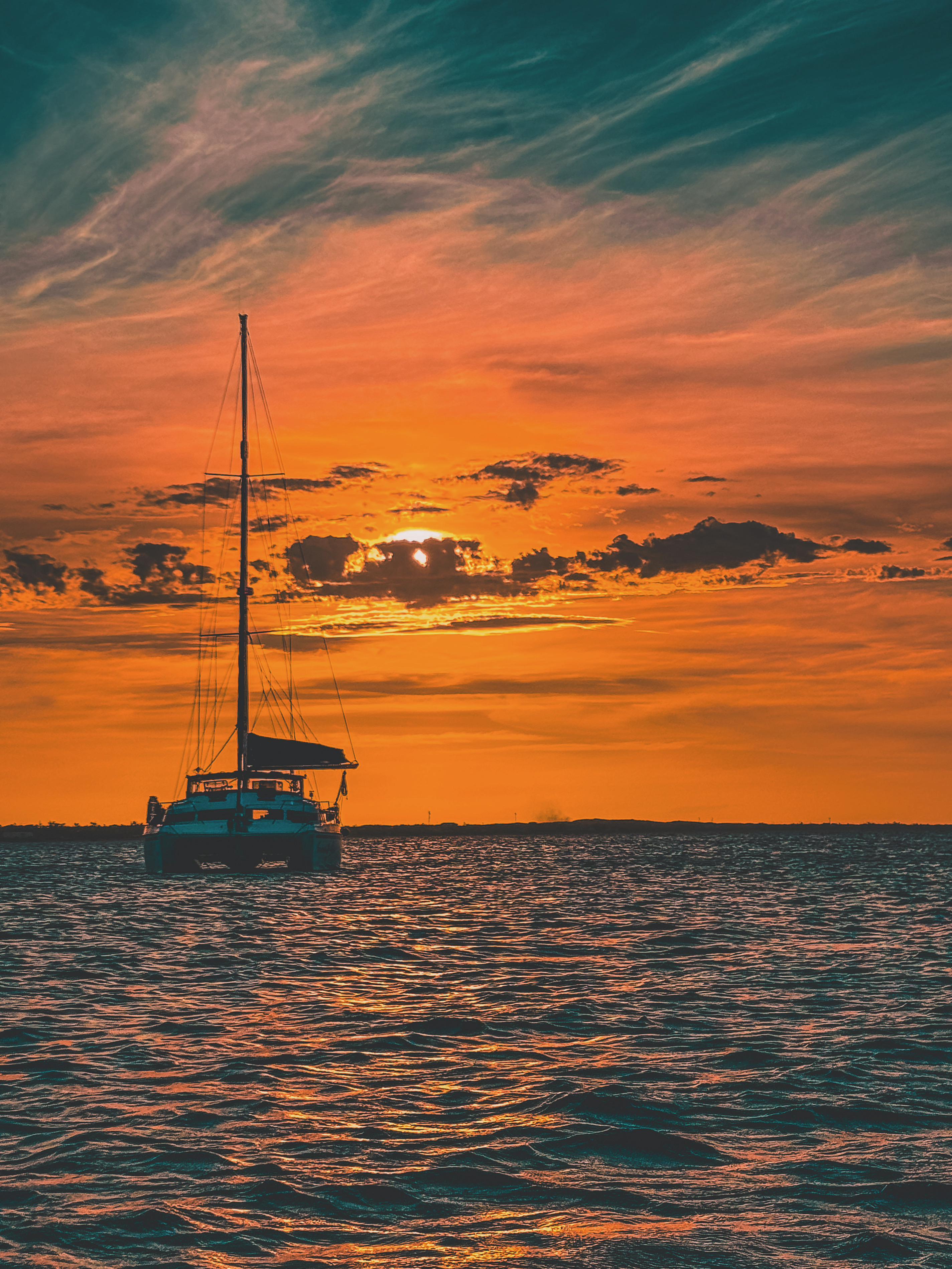 The catamaran Flying Fish at anchor